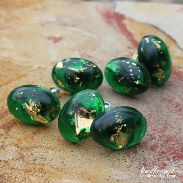 Gold Leaf and Emerald Resin Cabinet Knobs, flexible enough to adjust as you go and an idea worth saving for later