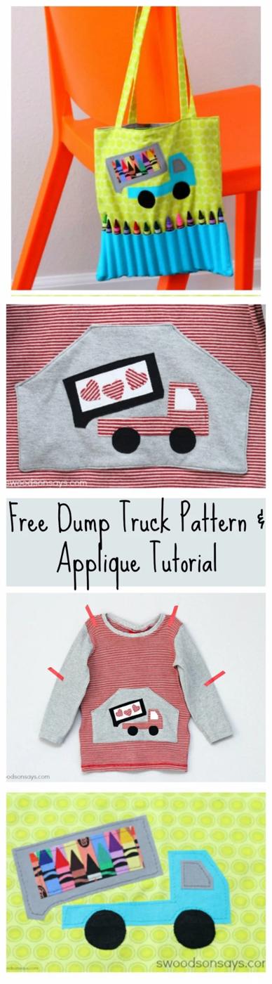 Sewing projects for boys dump truck applique shown on a striped shirt and a crayon tote bag with the free pattern shapes