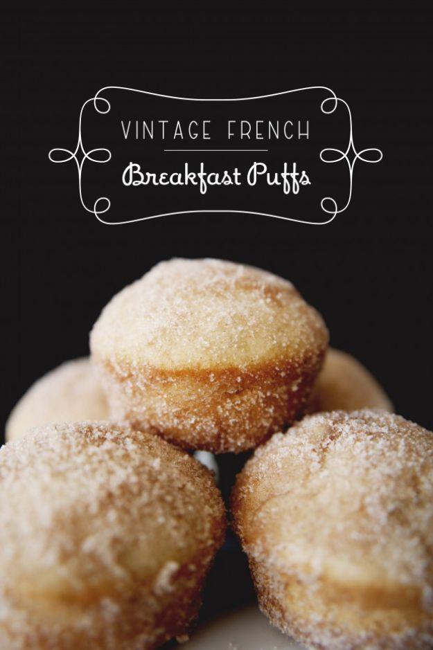 Vintage French breakfast puffs coated in cinnamon sugar and stacked on a dark background with a title overlay