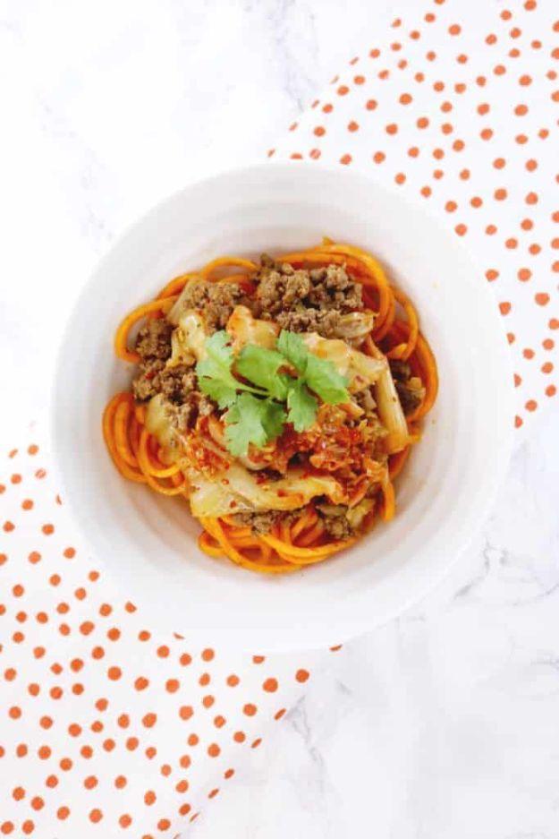 Veggie Noodle Recipes - Kimchi Beef + Sweet Potato Noodle Bowl - How to Cook With Veggie Noodles - Healthy Pasta Recipe Ideas - How to Make Veggie Noodles With Carrots and Zucchini