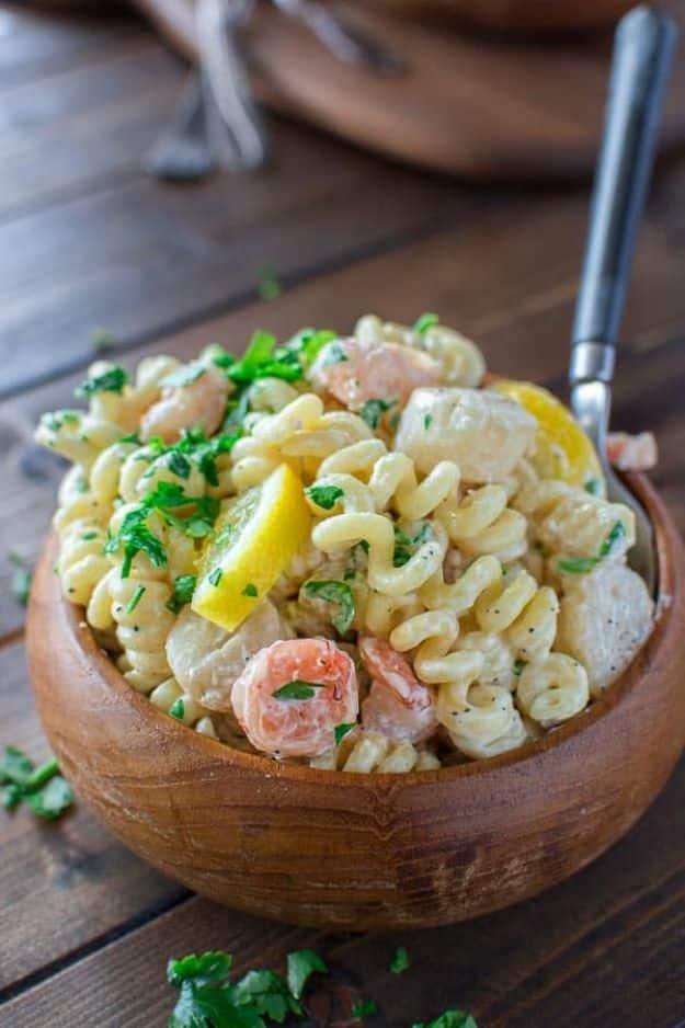 Easy dinner recipe: creamy seafood pasta tossed together for a restaurant style dinner at home for the whole family