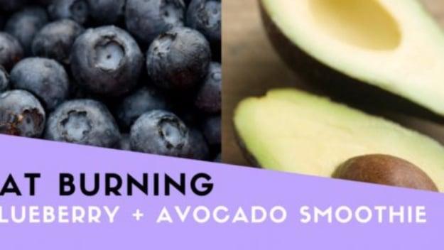 Pin graphic reading Fat Burning Blueberry and Avocado Smoothie over blueberries on the left and a halved avocado