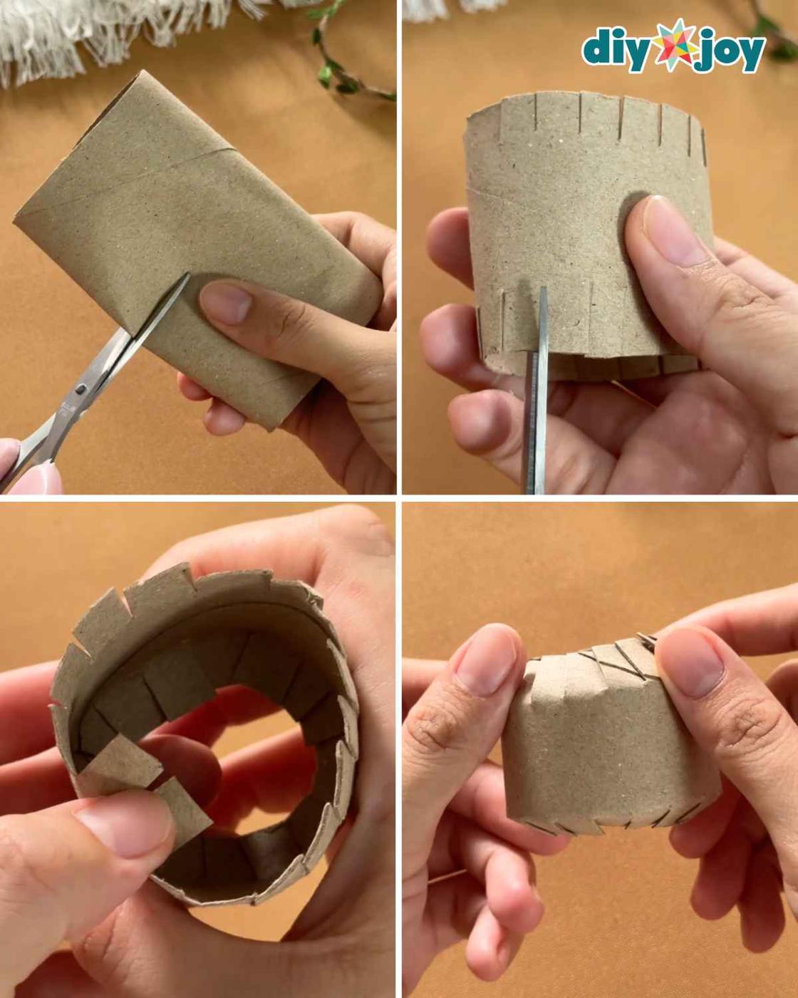 How to Make a Yarn Pumpkin - cutting the tissue paper roll in half and folding the notches into a rounded base.