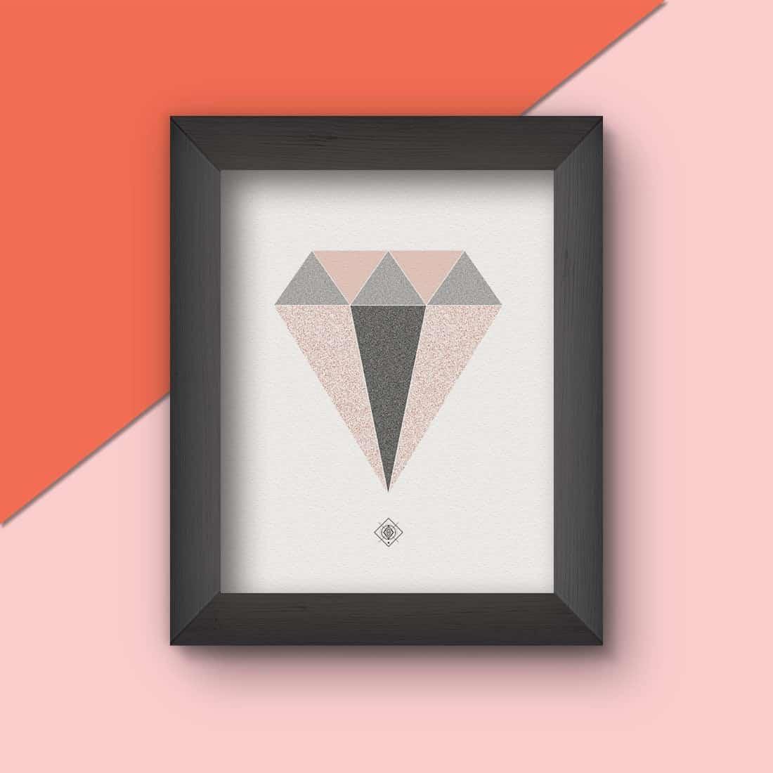 Diamond printable wall art, a geometric diamond of four triangles in dusty pink, grey and blush with fine grain