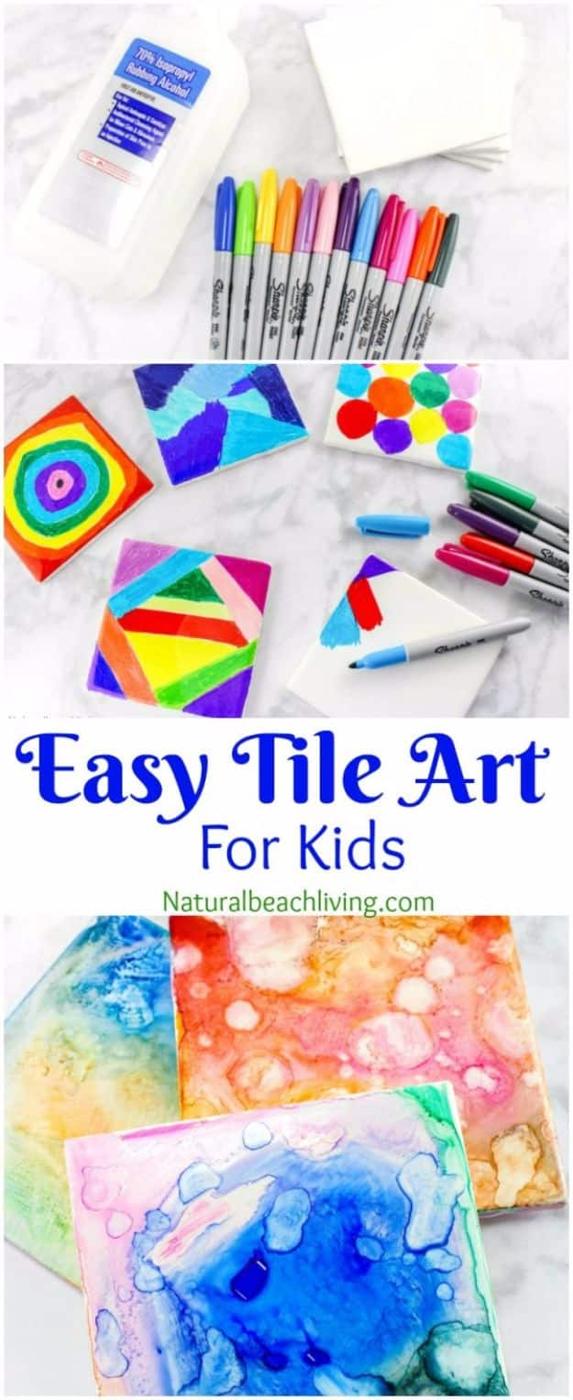 White ceramic tiles colored with permanent markers and blended with alcohol into blue, pink and orange marbled patterns