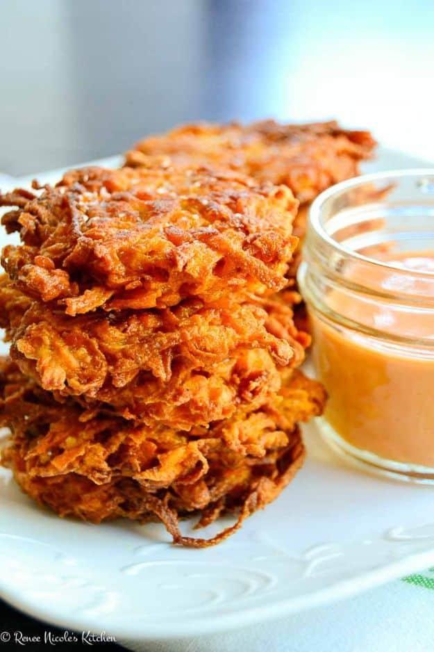 Sweet Potato Recipes - Sweet Potato Fritters With Sweet & Spicy Sauce - Easy Recipe Ideas for Sweet Potatoes in the Crockpot, Casserole Dishes, Baked, Mashed, Candied and Roastedd