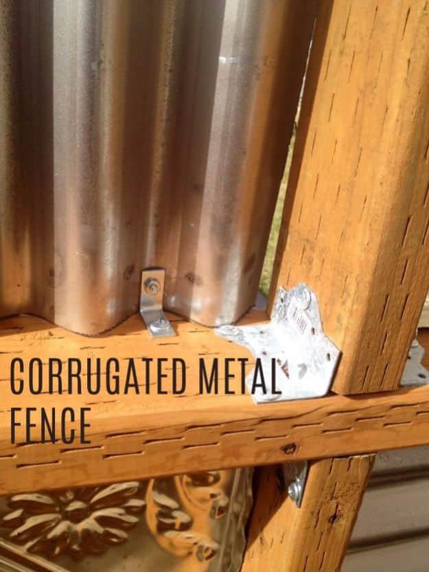 Corrugated metal fence, a pressed tin ceiling tile and a 22 gauge steel panel bolted to a wood frame on a galvanized bracket