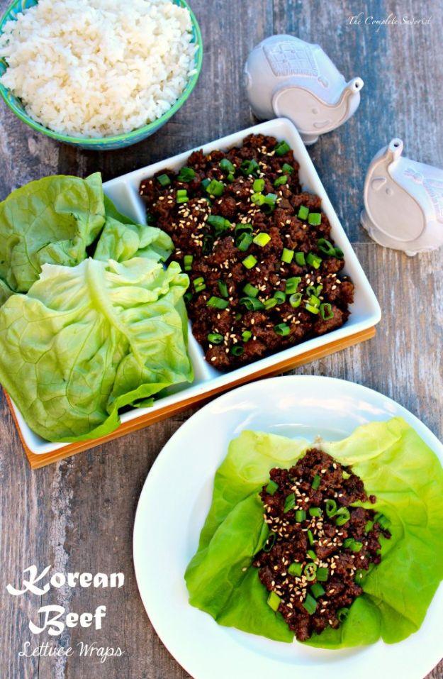 Korean beef lettuce wraps with sweet soy glazed ground beef spooned into crisp butter lettuce cups and sesame