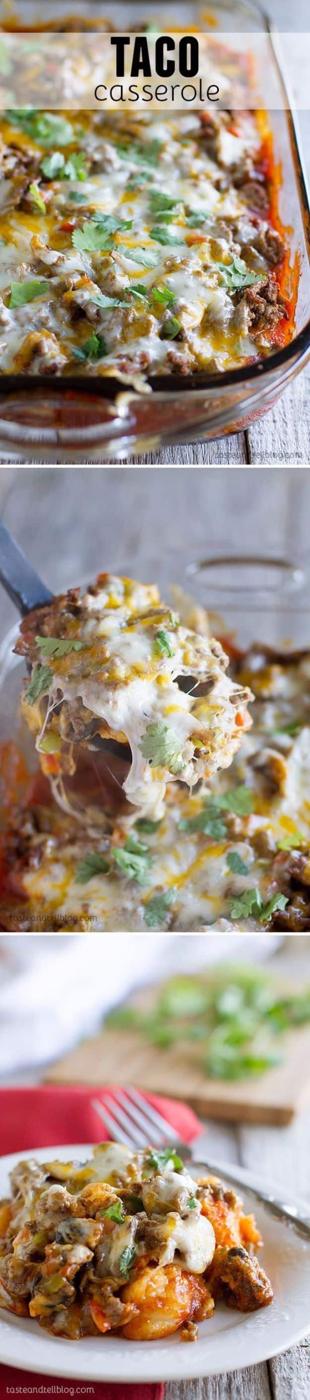 Taco casserole with seasoned beef and melted cheese baked over a pull apart canned biscuit base recipe worth making twice