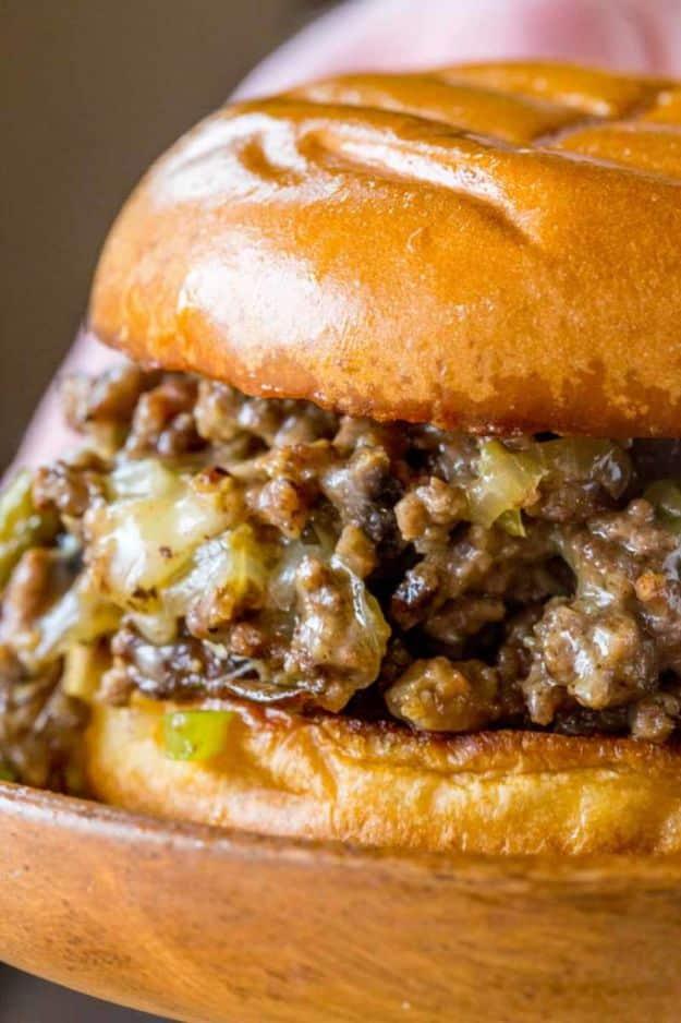 Philly cheesesteak flavors piled into an open faced sloppy joe for a fun mashup dinner idea for the whole family