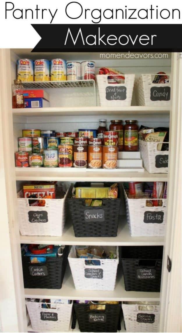 Pantry shelves lined with alternating black and white woven baskets with chalkboard labels, cans and jars
