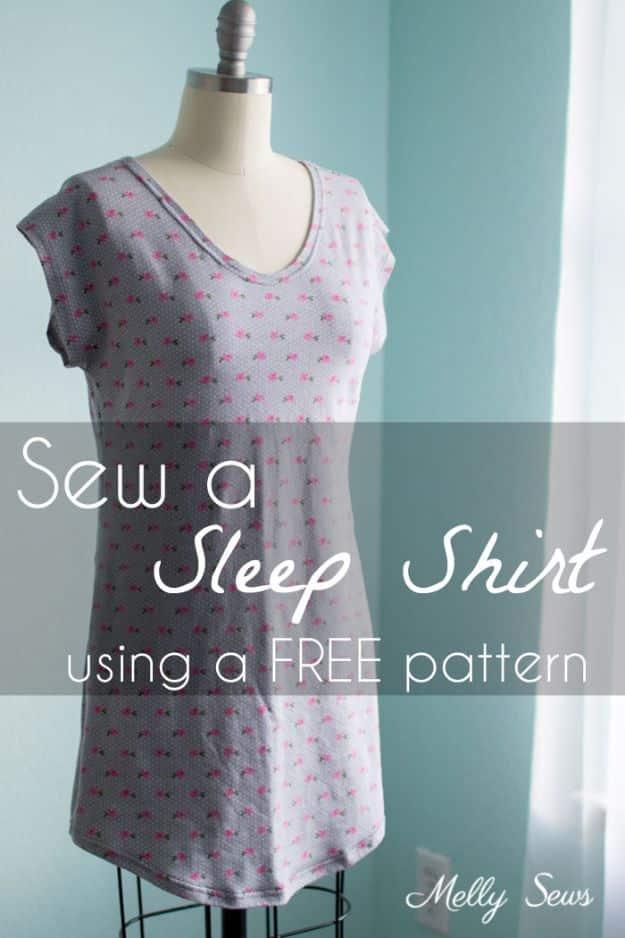 Gray printed knit sleep shirt with short sleeves and a curved hem, displayed on a black wire dress form