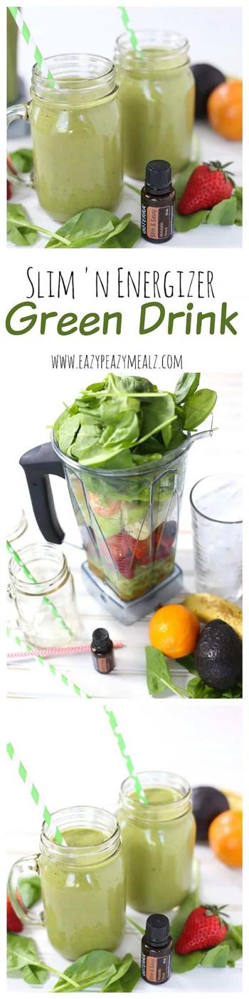 Green drink blended from spinach, cucumber, avocado, strawberries and frozen mango to fill four glasses