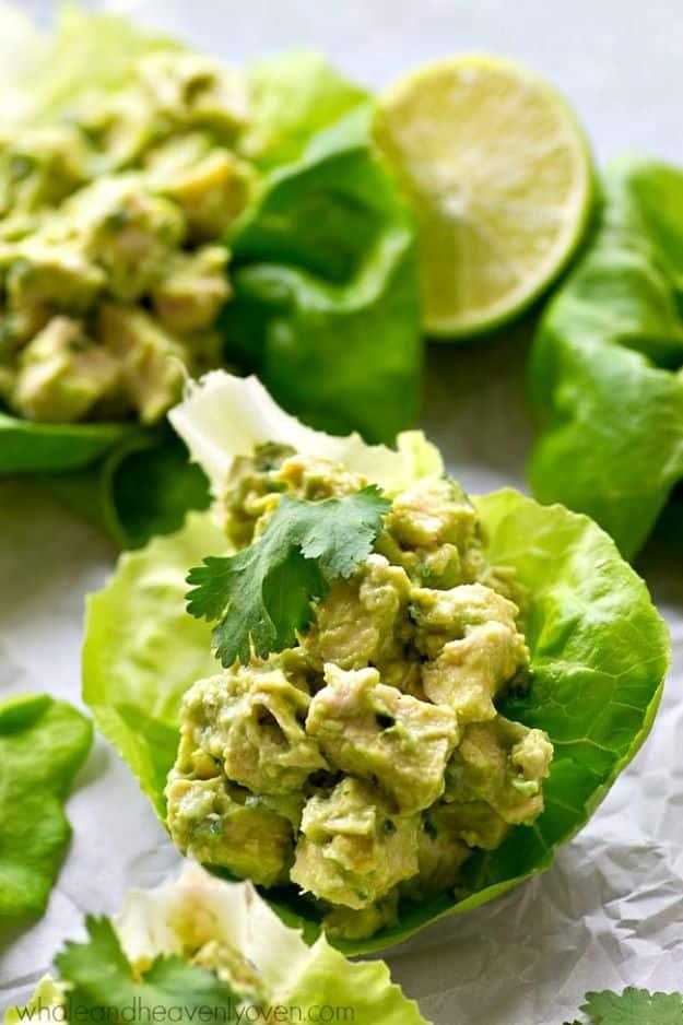 Avocado chicken salad lettuce wraps, butter lettuce cups filled with chunky green chicken salad and cilantro