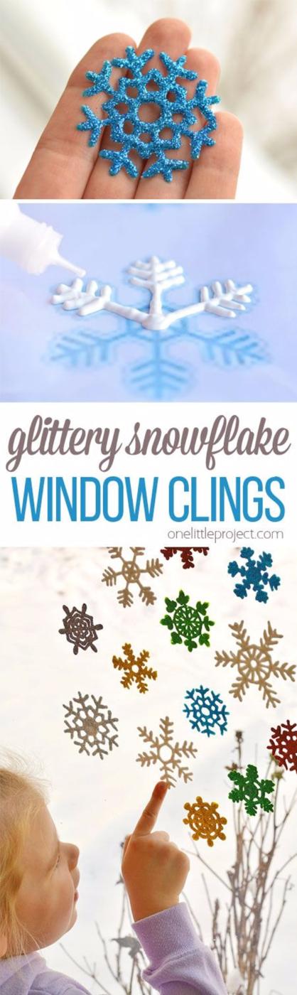 Three part graphic showing a blue glitter snowflake cling in a hand, puffy paint tracing, and clings on a window