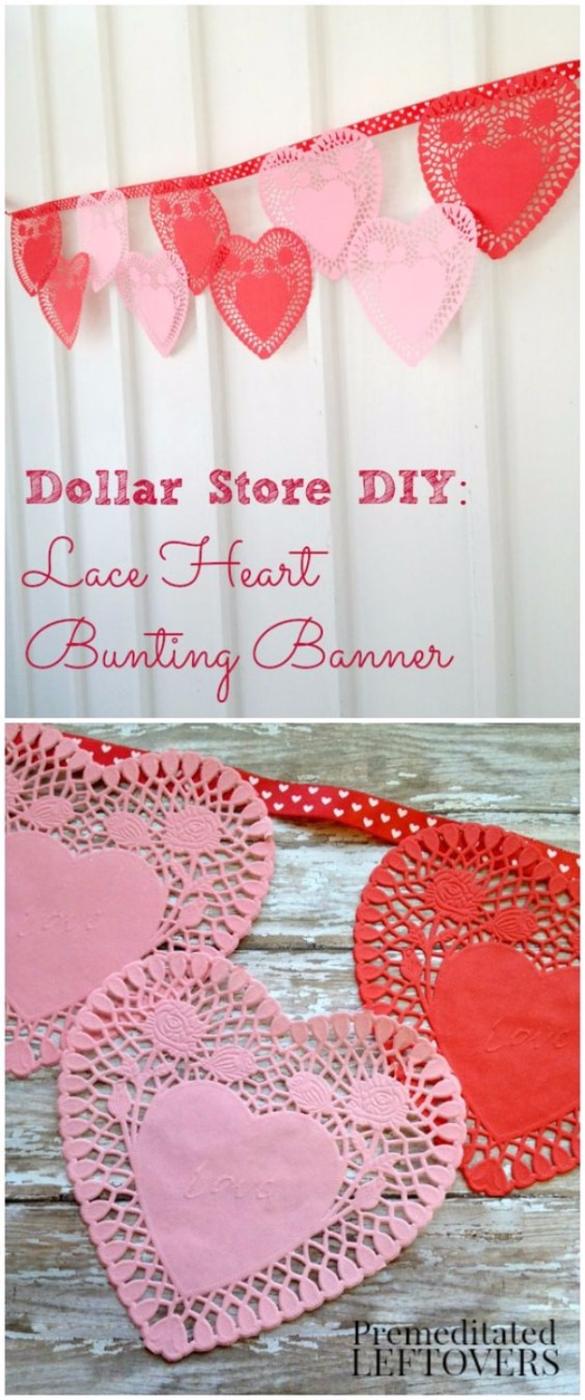 Lace doily heart bunting banner strung on twine across a window, a cheap and pretty DIY Valentine decoration
