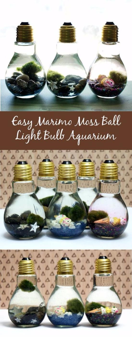 Marimo moss ball light bulb aquarium, small light bulb shaped glass bottles filled with pebbles, beads and green moss balls