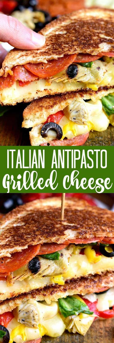 Graphic titled Italian Antipasto Grilled Cheese showing a stacked sandwich cut to show peppers and olives