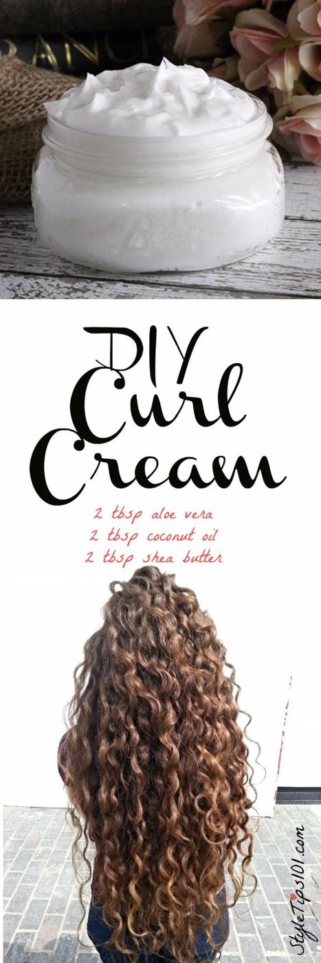 DIY curl cream graphic, a jar of white cream above a photo of long brown curls with the three ingredients listed