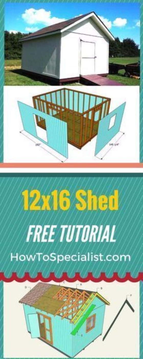 Build a 12x16 shed, a photo and diagram set showing a white gable shed and blue framing drawings with dimensions