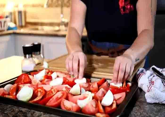 Roasting the veggies for the roasted red pepper and tomato soup recipe