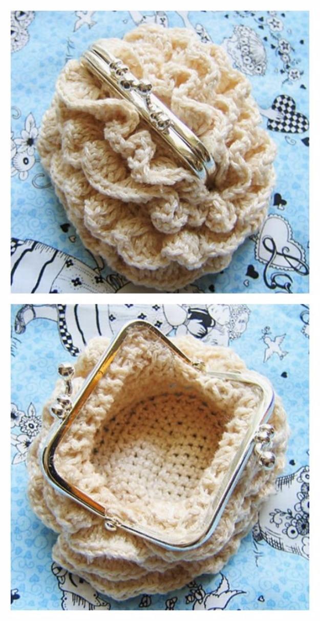 Cream crocheted coin purse with a silver kiss lock frame and a ruffled crochet flower worked across the front