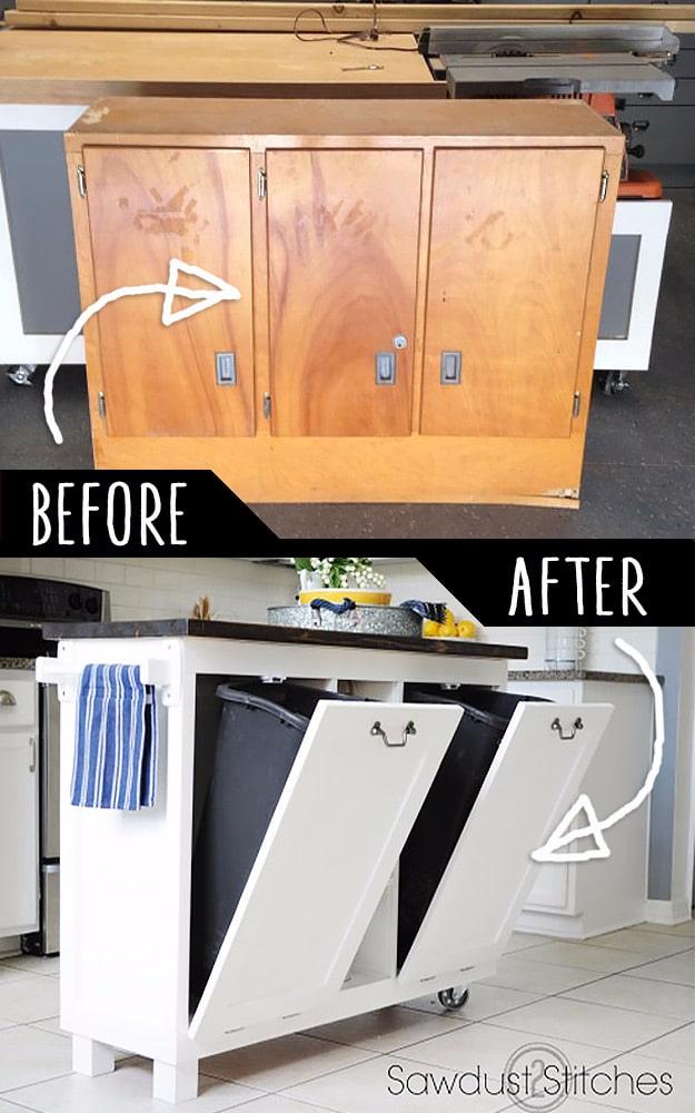 Garage Sale Cabinet Into Kitchen Stand, one of the best DIY hacks on this list and an easy win for a busy day
