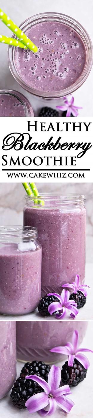Healthy blackberry smoothie blended thick with quick cooking oats, milk and vanilla yogurt in a glass