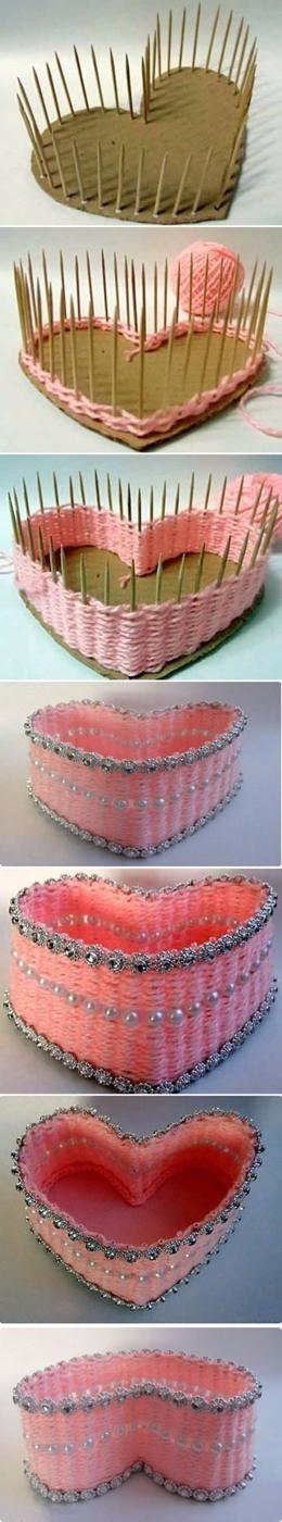 DIY Yarn Woven Heart Shaped Basket, simple enough for a first try at the craft and a keepsake worth handing down