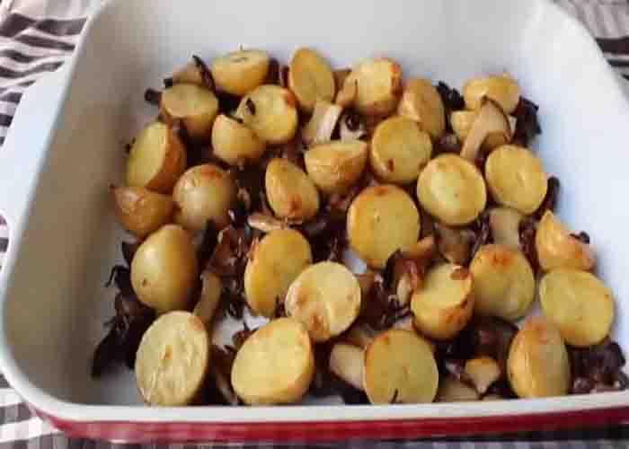 Roasting the potatoes and wild mushrooms