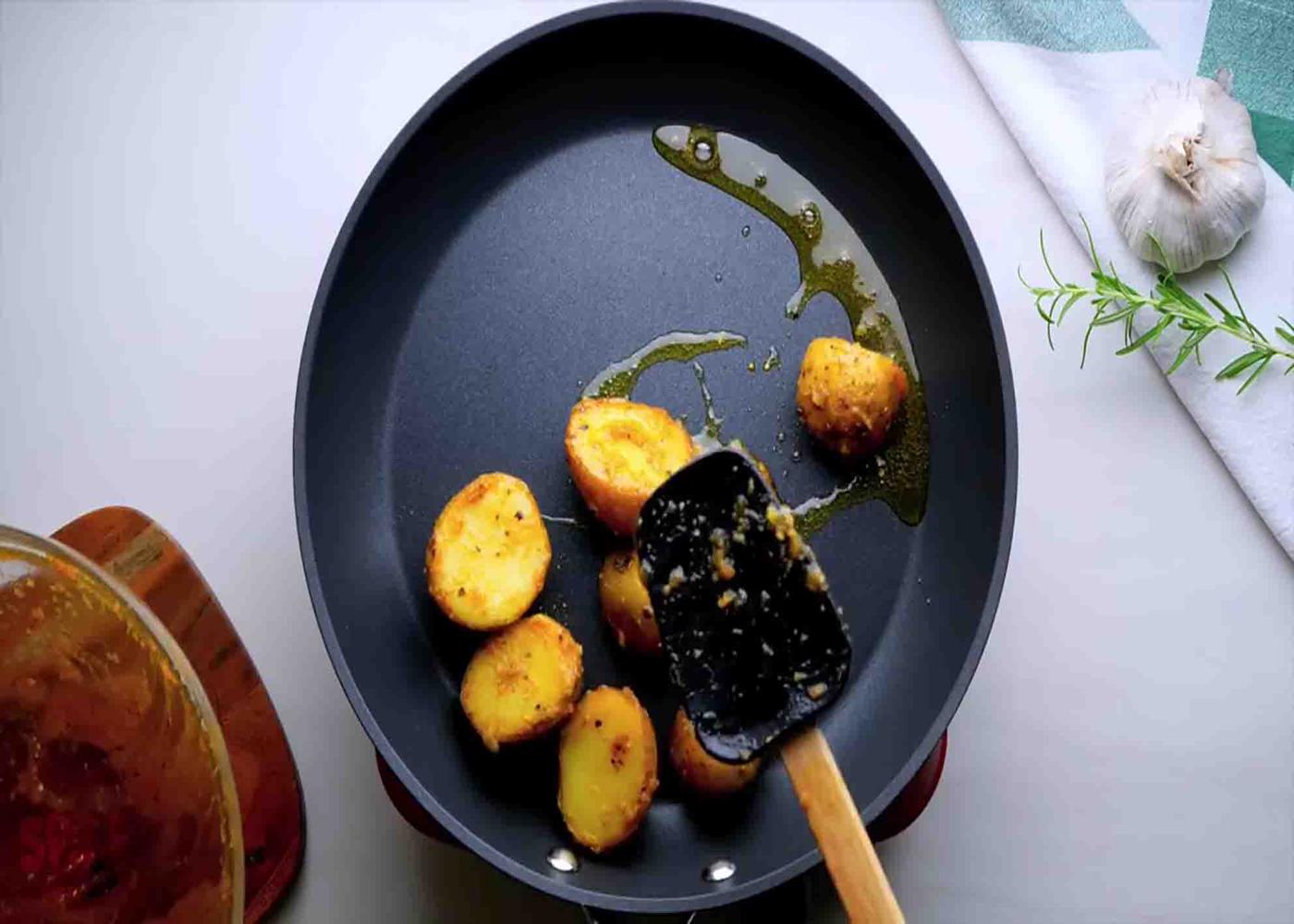 Pan-roasting the potatoes into perfection