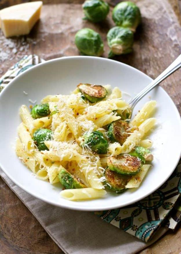 Buttered brussels sprouts penne for one tossed with browned butter, crisp garlic and shredded parmesan