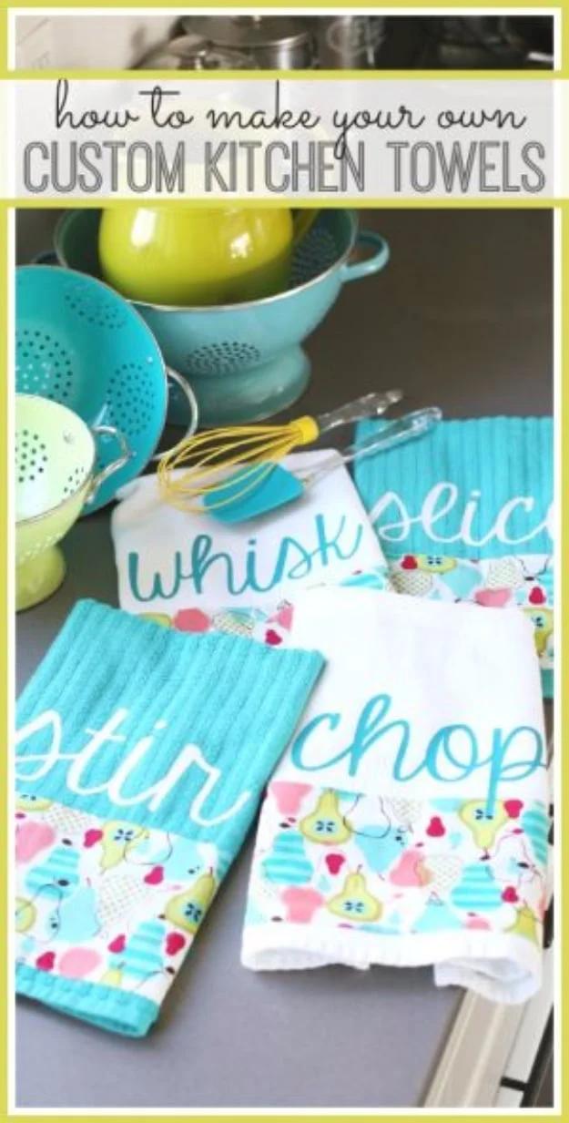 Four teal and white kitchen towels lettered whisk, slice, stir and chop with pear print bands, in a title collage