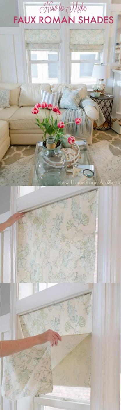 Multi panel collage of faux roman shades in pale green print fabric, with a hand arranging the fabric over a tension rod