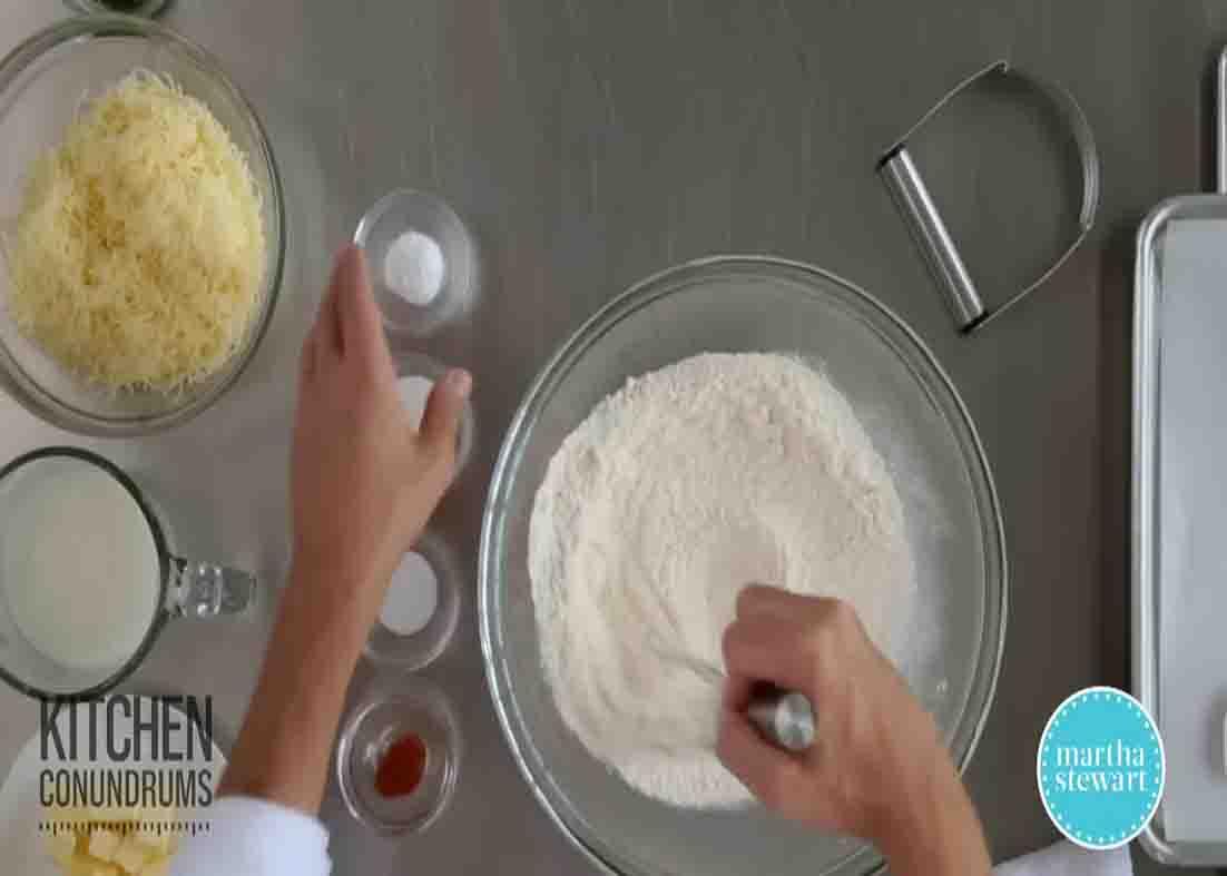 Combining all the ingredients for the cheddar biscuits