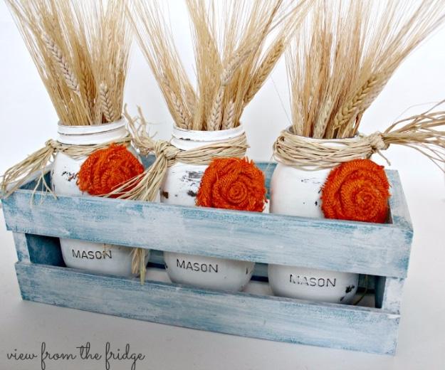 Best Mason Jar Crafts for Fall - Burlap ROsettes Fall Mason Jar - DIY Mason Jar Ideas for Centerpieces, Wedding Decorations, Homemade Gifts, Craft Projects with Leaves, Flowers and