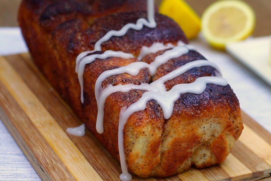 Overhead view of glazed copycat cinnamon bread showing the cinnamon sugar pull-apart top