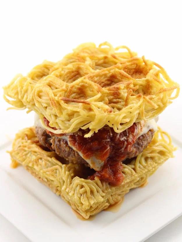 Waffled spaghetti bun burger, an Italian sausage patty held between two pressed spaghetti and egg buns