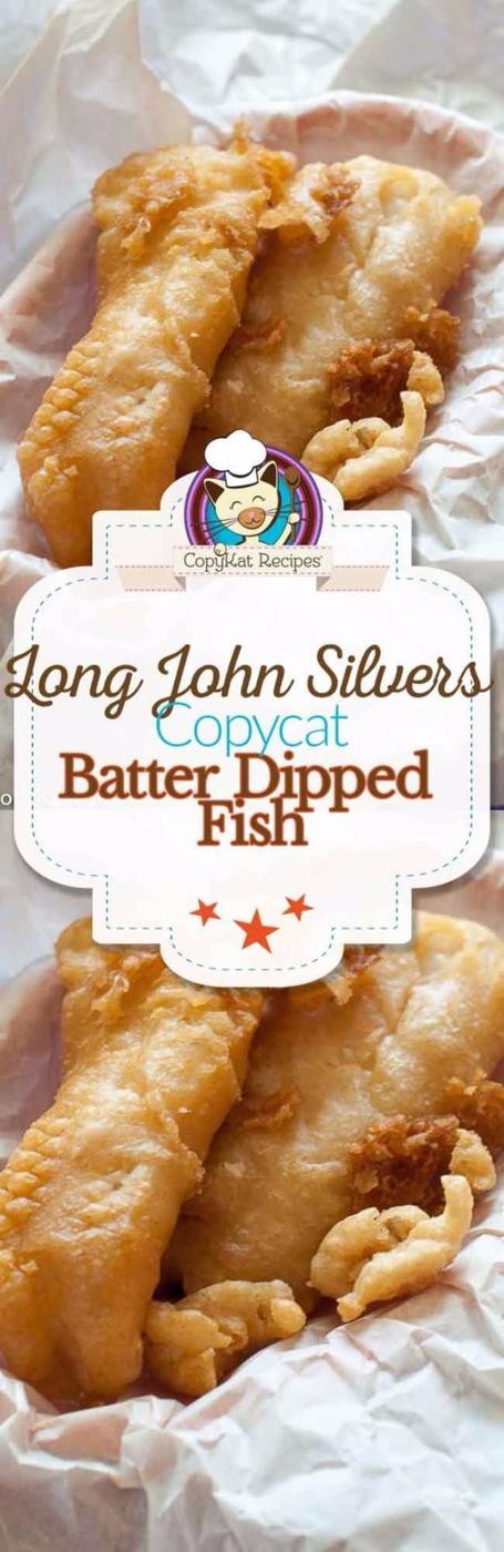 Long John Silver's copycat batter dipped fish, crisp golden fried cod fillets draining on a wire rack