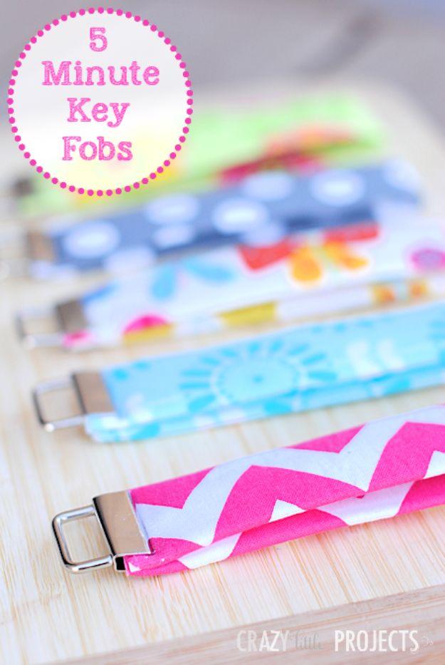 A row of key fobs pressed and clamped onto metal hardware, sewn in five minutes each from the fabric scraps bin