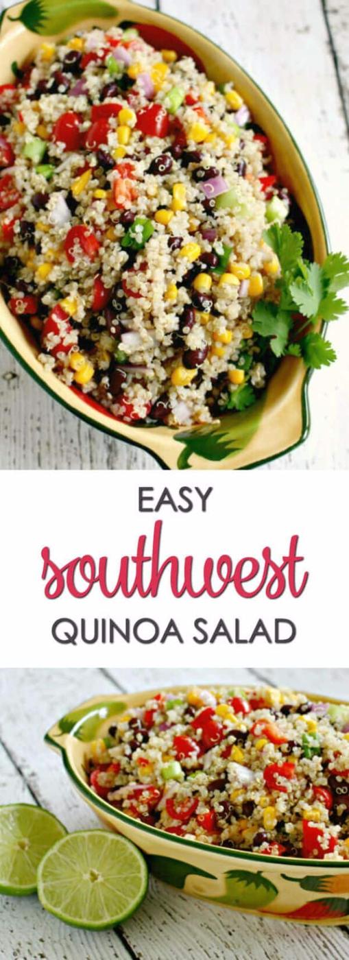 Southwest quinoa salad with black beans, corn, red pepper, red onion and cilantro in a lime dressing