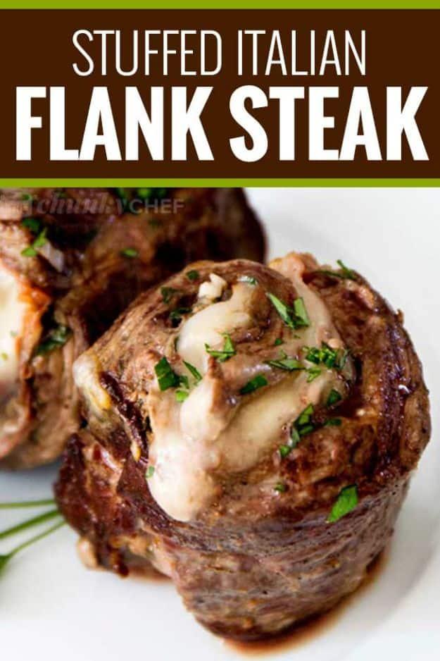 Stuffed Italian flank steak pinwheels rolled with prosciutto, provolone and herbs and tied with twine