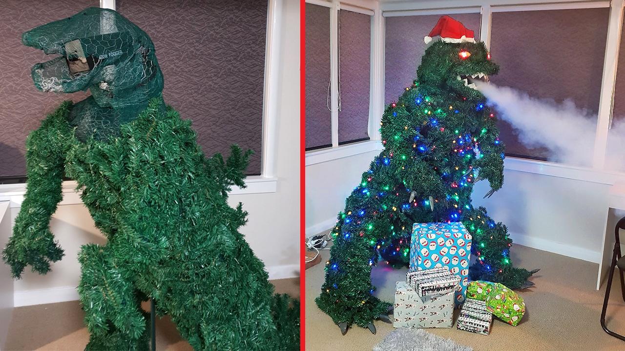 Dad Makes DIY Smoke Breathing Godzilla Christmas Tree