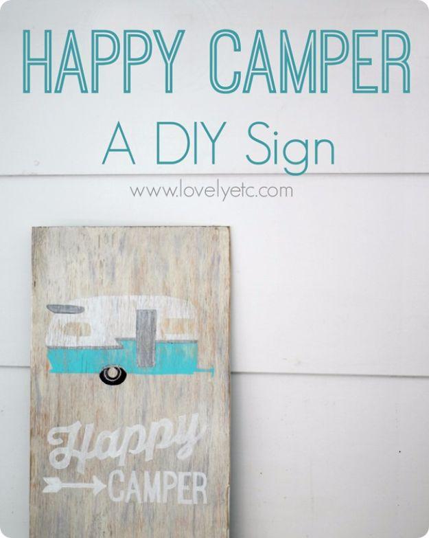 Happy Camper DIY Sign, gentle on the wallet even making a matching pair and a touch that upgrades a plain corner instantly