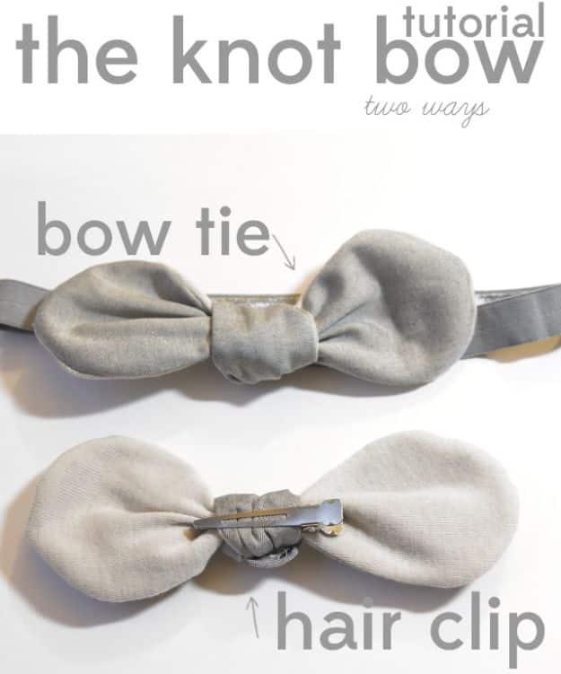 Knotted bow tie tutorial graphic, a gray fabric bow shown both as a boy's bow tie and as a knotted hair clip