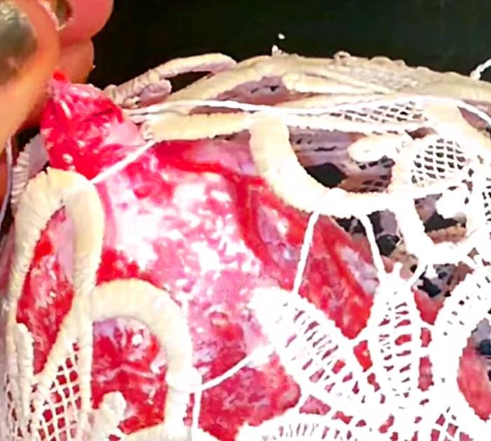 pieces of old, cotton lace (eg curtains) glue PVA balloon white thread led lights
