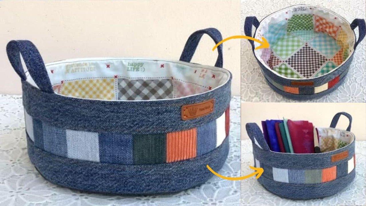 How to Sew a Circle Tray from Old Denim and Fabrics