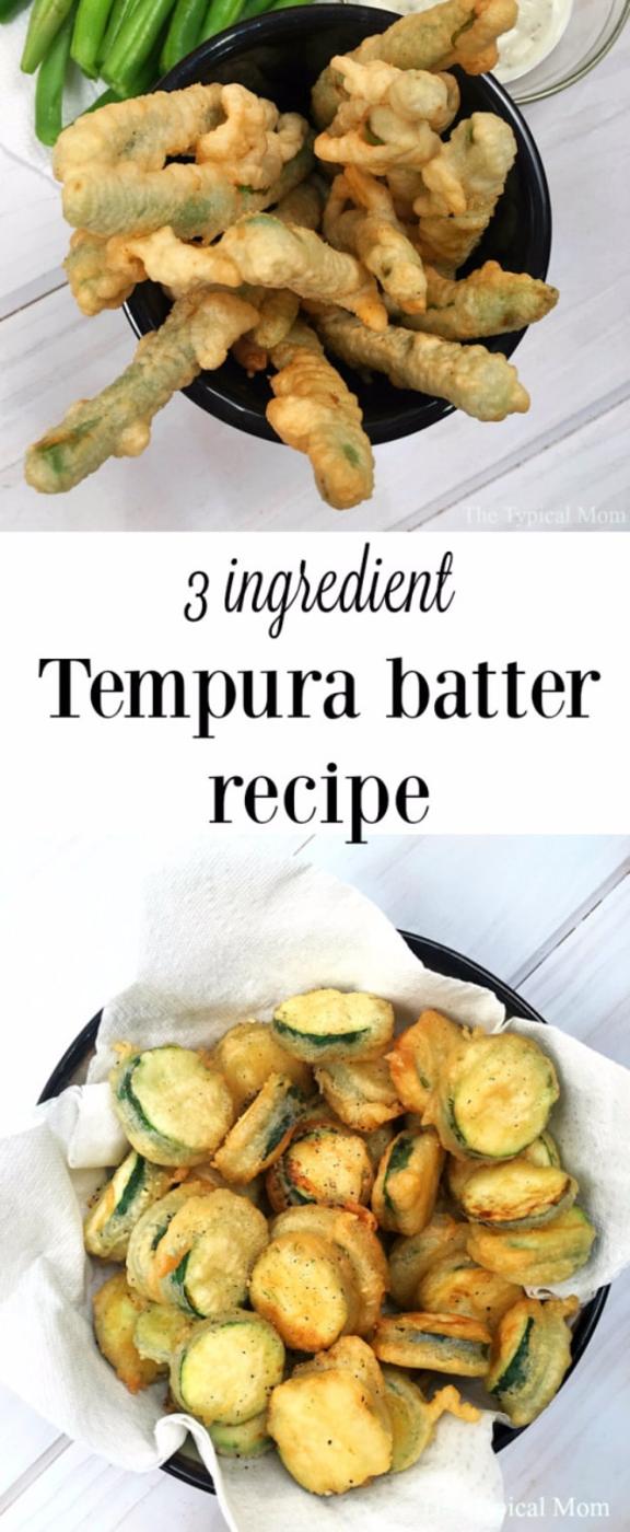 Crispy tempura battered vegetables in a black bowl, a 3 ingredient batter recipe with a light lacy coating