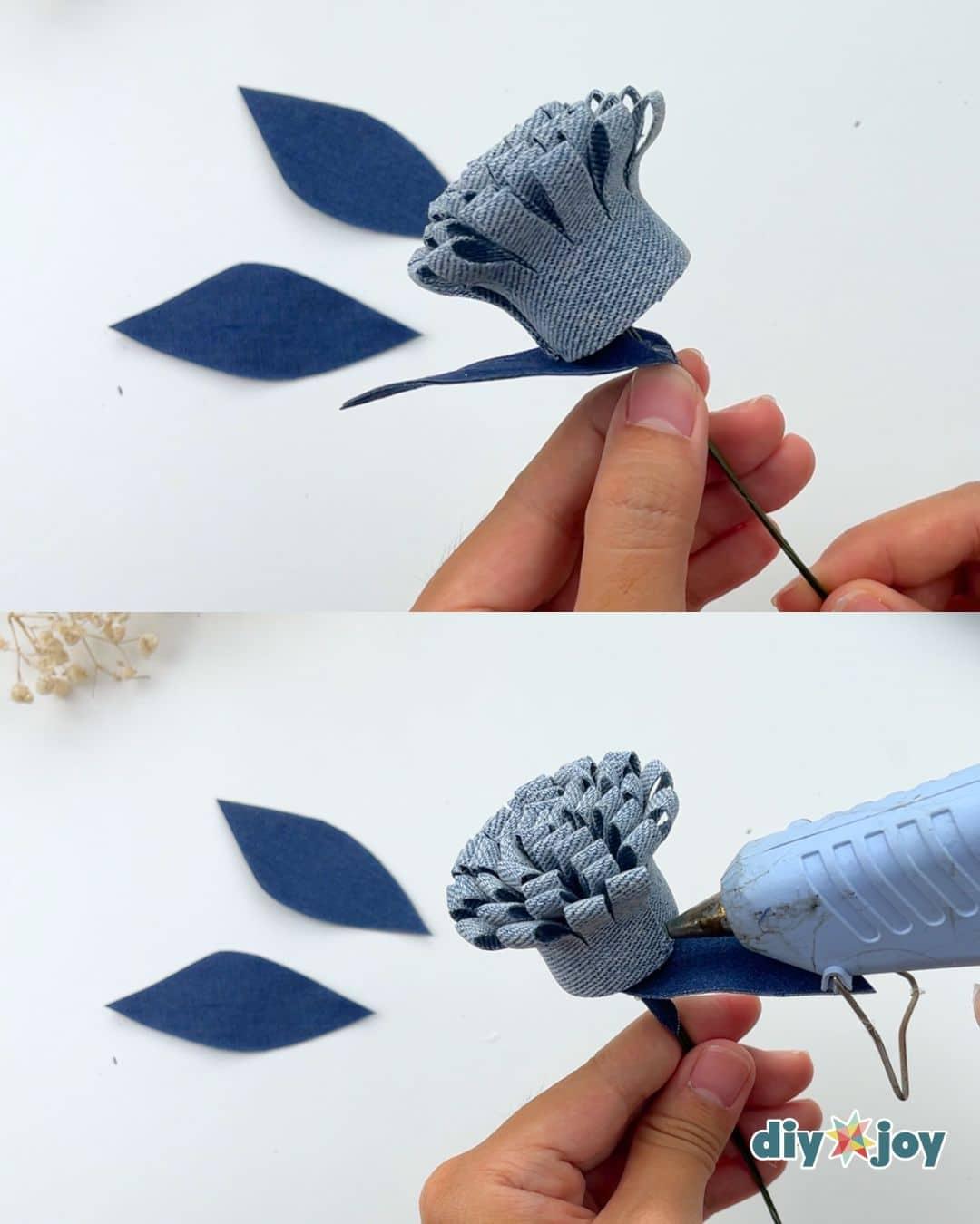 Denim Flowers From Old Jeans — gluing the leaves