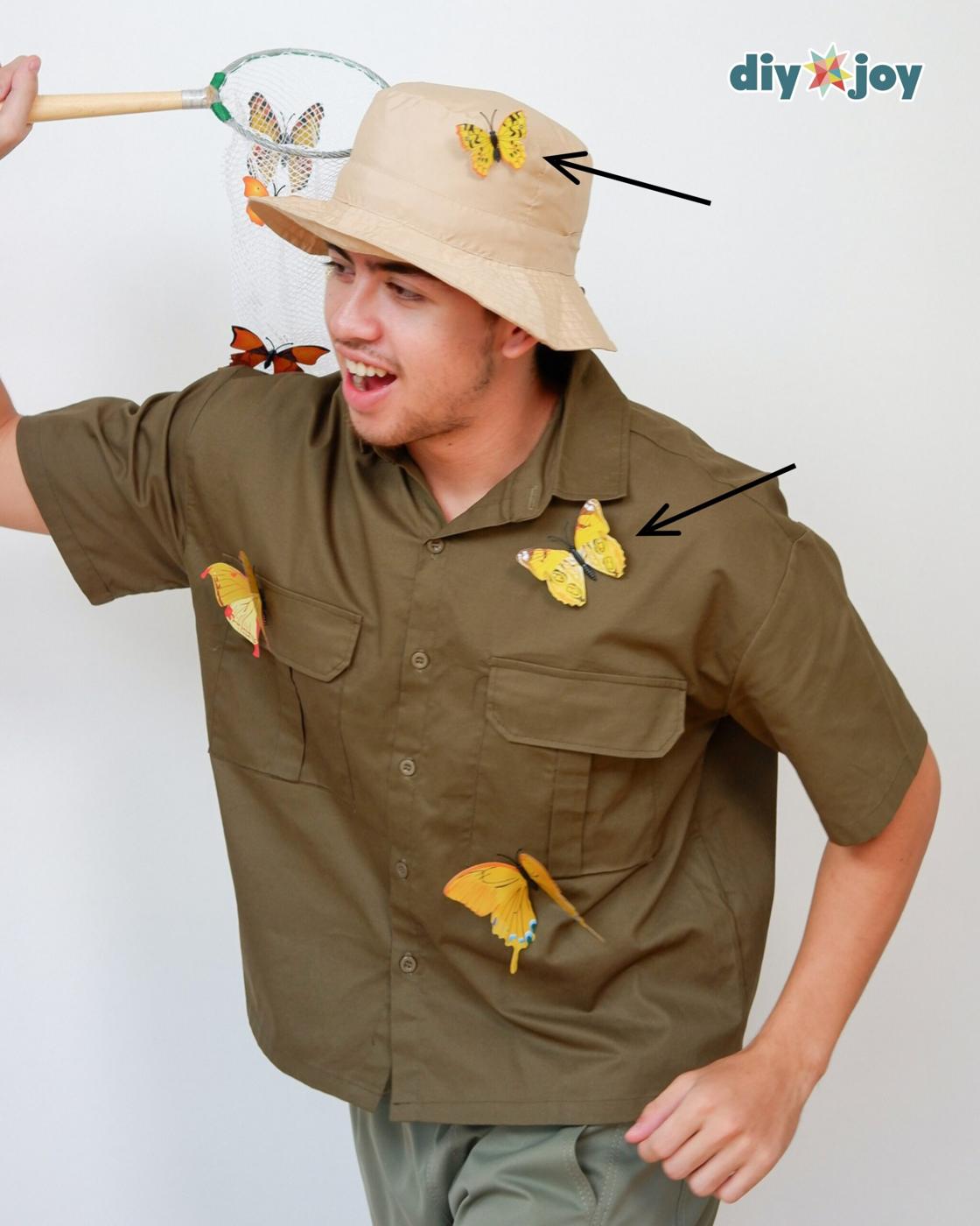 Halloween Costumes - an easy Halloween costume shown with arrows pointing to butterflies glued on his hat and collar.